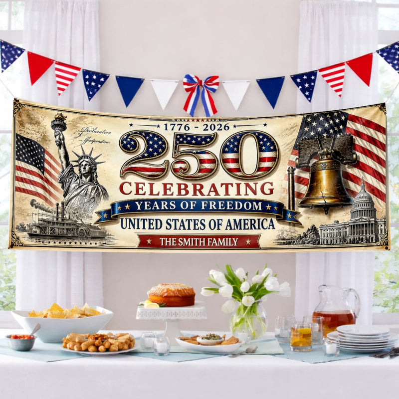 Custom Polyester Outdoor Banner - Personalized America 250th Anniversary Gifts For Mom, Dad, Brother, Sister, Kids - United Through Every Generation