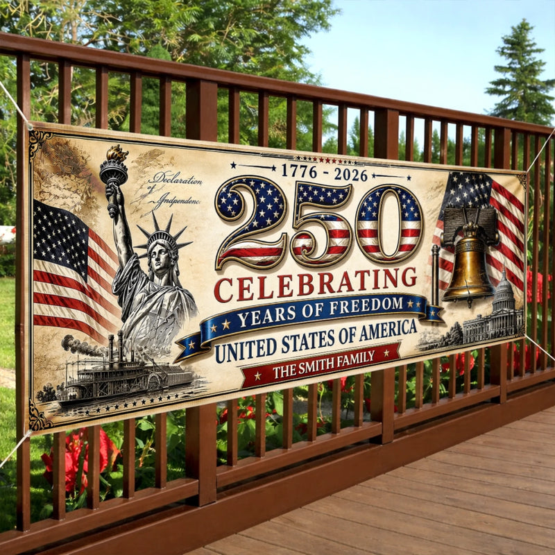 Custom Polyester Outdoor Banner - Personalized America 250th Anniversary Gifts For Mom, Dad, Brother, Sister, Kids - United Through Every Generation