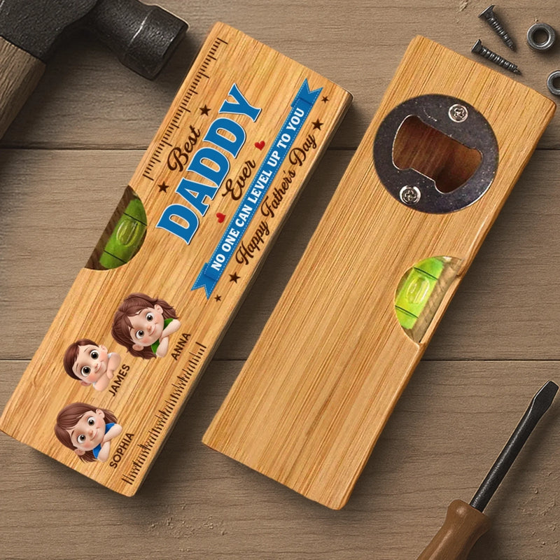 Custom Wooden Bottle Opener With Built-in Spirit Level - Personalized Father's Day Birthday Gifts For Dad, Grandpa - Forever Grateful For Dad