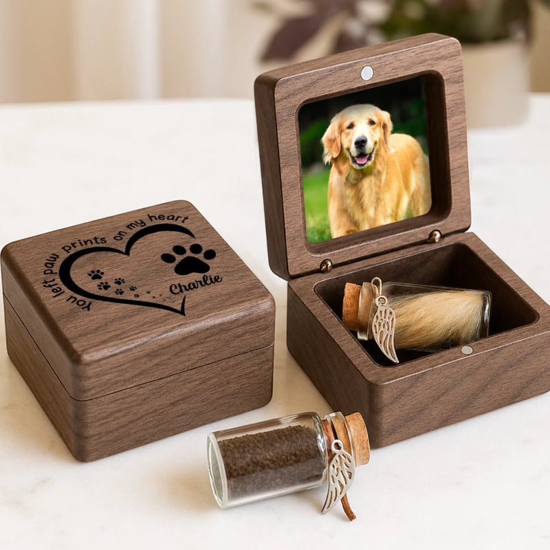 Custom Photo Wooden Pet Fur Keepsake Box - Personalized Pet Memorial Sympathy Gifts For Dogs, Cats - You Left Paw Prints On My Heart