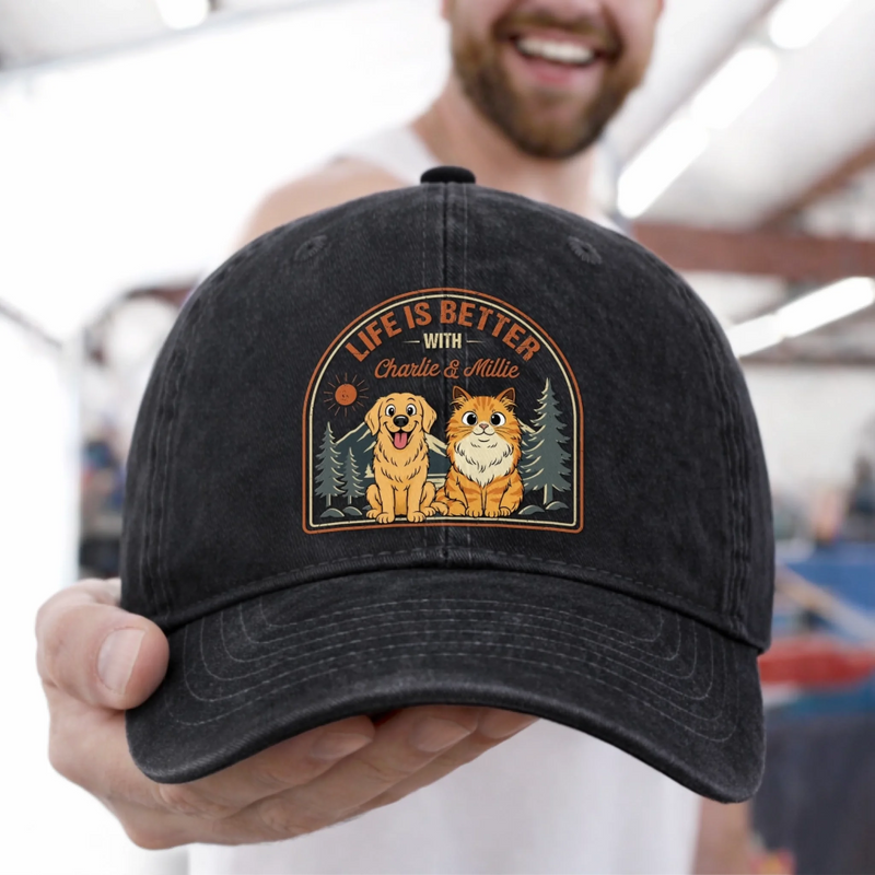 Custom Vintage Washed Denim Baseball Cap - Personalized Father's Day Gifts For Dog Cat Lovers, Dog Dad And Mom, Cat Owners - Paws Make Life Better