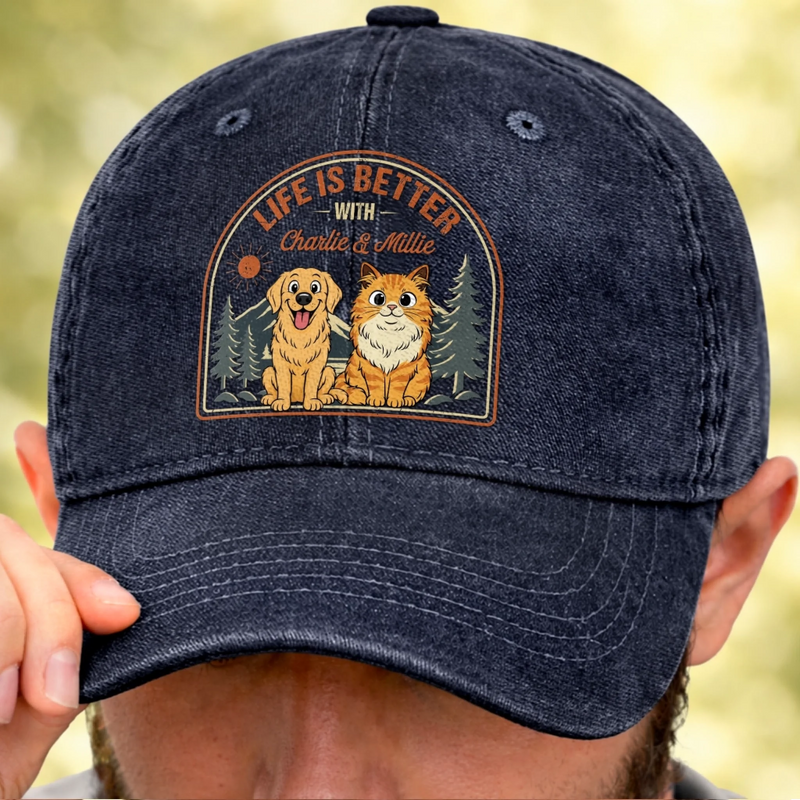 Custom Vintage Washed Denim Baseball Cap - Personalized Father's Day Gifts For Dog Cat Lovers, Dog Dad And Mom, Cat Owners - Paws Make Life Better