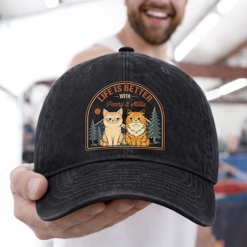 Custom Vintage Washed Denim Baseball Cap - Personalized Father's Day Gifts For Cat Lovers, Cat Mom And Dad - Living The Pawfect Life