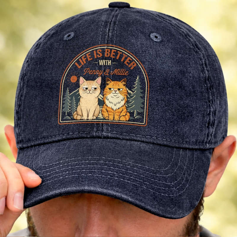 Custom Vintage Washed Denim Baseball Cap - Personalized Father's Day Gifts For Cat Lovers, Cat Mom And Dad - Living The Pawfect Life