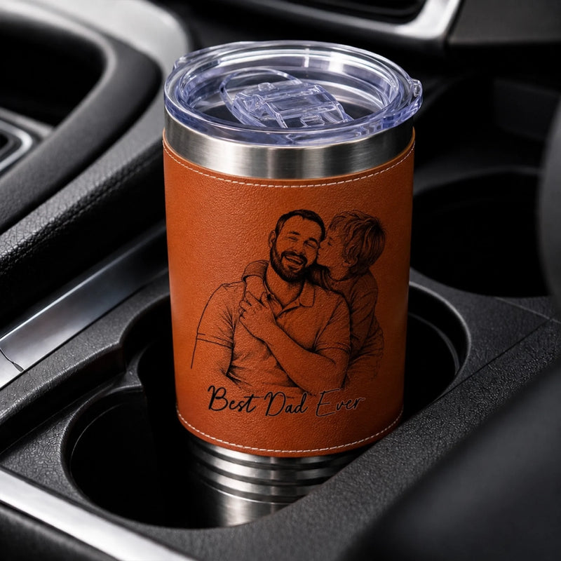 Custom Photo Printed Leather Tumbler - Personalized Father's Day Birthday Gifts For Dad, Grandpa - Faith Family Fatherhood