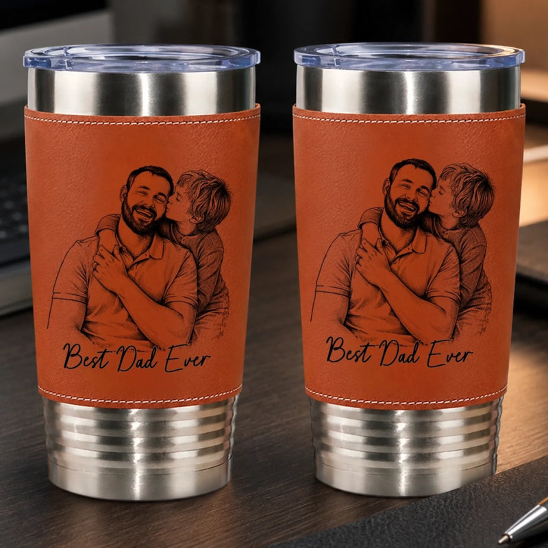 Custom Photo Printed Leather Tumbler - Personalized Father's Day Birthday Gifts For Dad, Grandpa - Faith Family Fatherhood