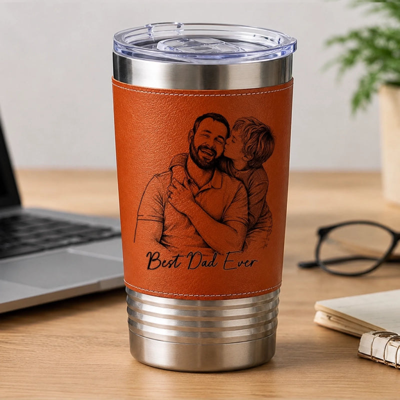 Custom Photo Printed Leather Tumbler - Personalized Father's Day Birthday Gifts For Dad, Grandpa - Faith Family Fatherhood