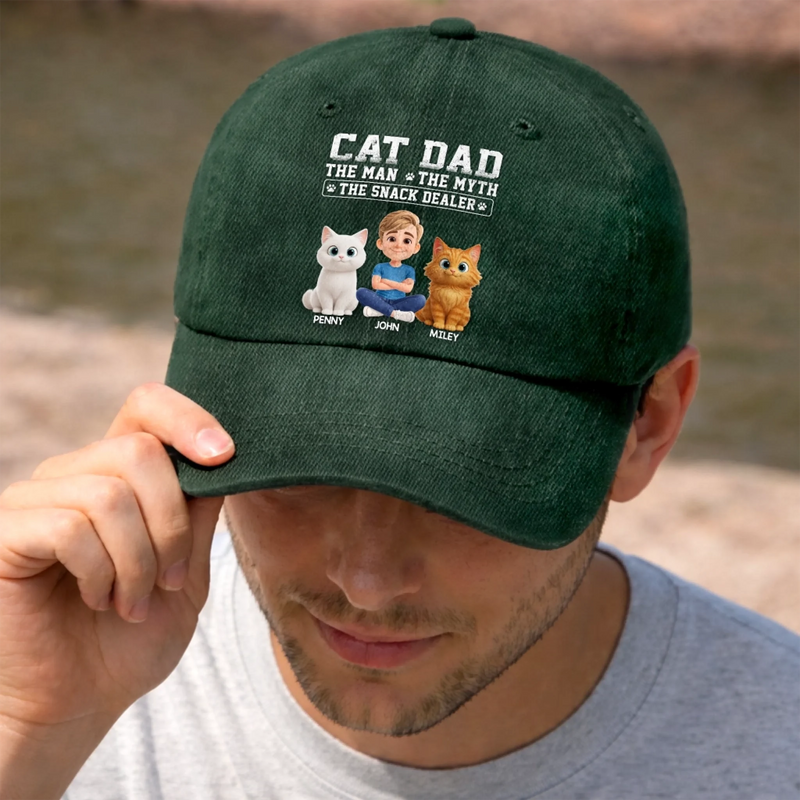 Custom Vintage Washed Denim Baseball Cap - Personalized Father's Day Gifts For Cat Lovers, Cat Mom And Dad - Life’s Greatest Gift Has Paws