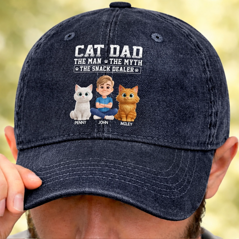 Custom Vintage Washed Denim Baseball Cap - Personalized Father's Day Gifts For Cat Lovers, Cat Mom And Dad - Life’s Greatest Gift Has Paws