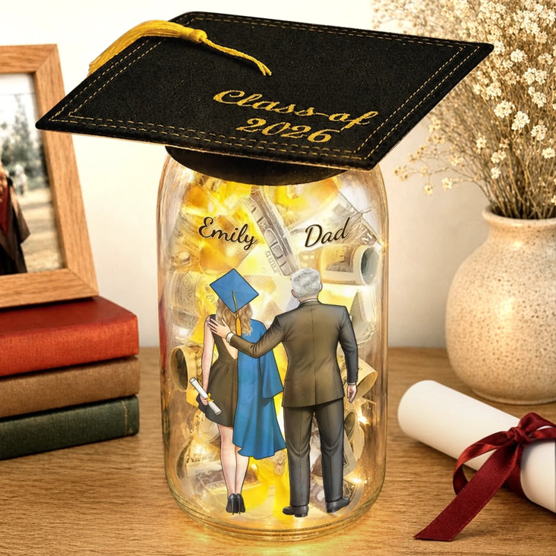 Custom Money Holder Mason Jar Light - Personalized Graduation Gifts For Son, Daughter - Forever Proud, Forever Lit