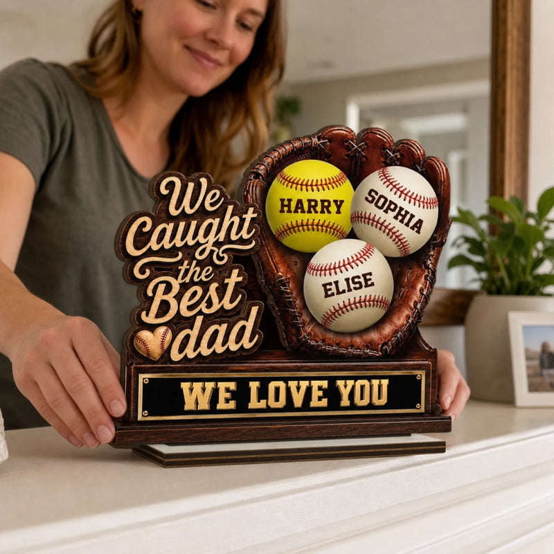 Custom 2-Layered Wooden Plaque - Personalized Father's Day Birthday Gifts For Dad, Grandpa, Baseball Lovers, Sports Fans, Sports Lovers - Best Catch Ever