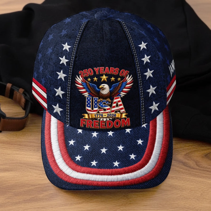 Custom Hat, All Over Print Classic Cap - Personalized America 250th Anniversary Gifts For Mom, Dad, Brother, Sister, Kids - Freedom Runs Through Generations