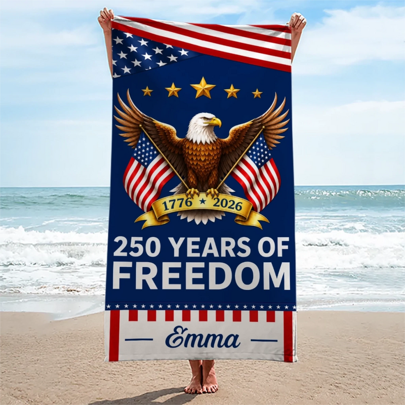 Custom Beach Towel - Personalized America 250th Anniversary Gifts For Mom, Dad, Brother, Sister, Kids - United By Freedom And Pride