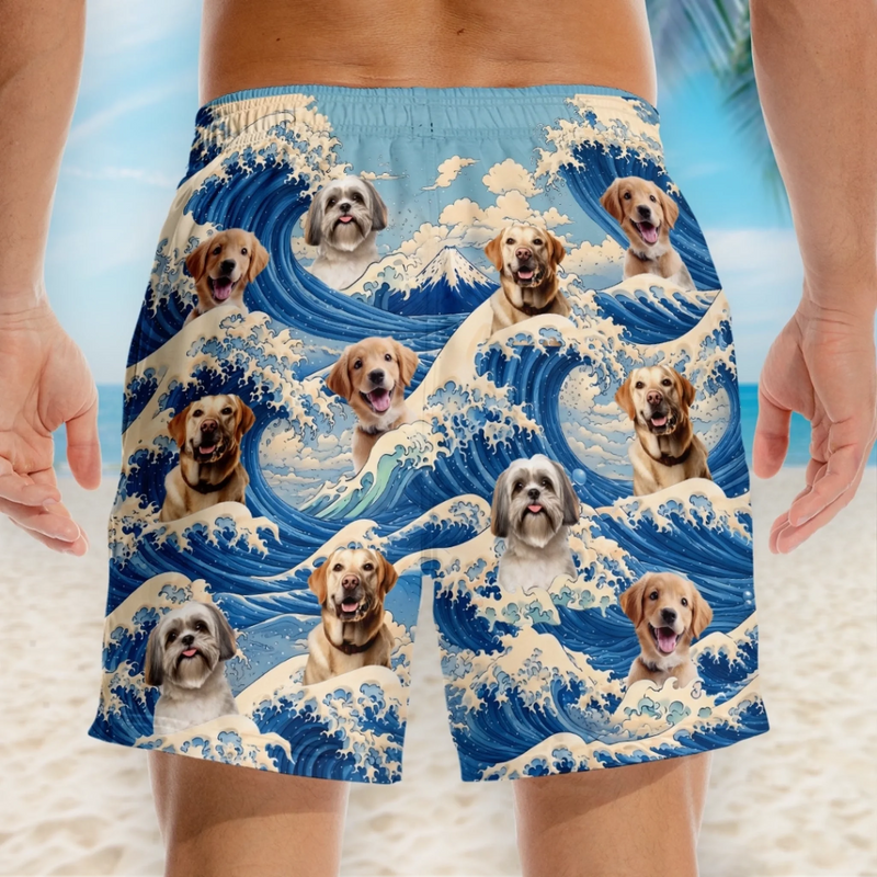 Custom Photo Tropical Hawaiian Aloha Men Beach Shorts - Personalized Summer Vacation And Travel Gifts For Dog Cat Lovers, Dog Dad And Mom, Cat Owners - The Cutest Tsunami Of Pups