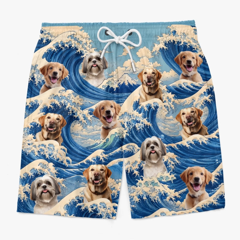 Custom Photo Tropical Hawaiian Aloha Men Beach Shorts - Personalized Summer Vacation And Travel Gifts For Dog Cat Lovers, Dog Dad And Mom, Cat Owners - The Cutest Tsunami Of Pups