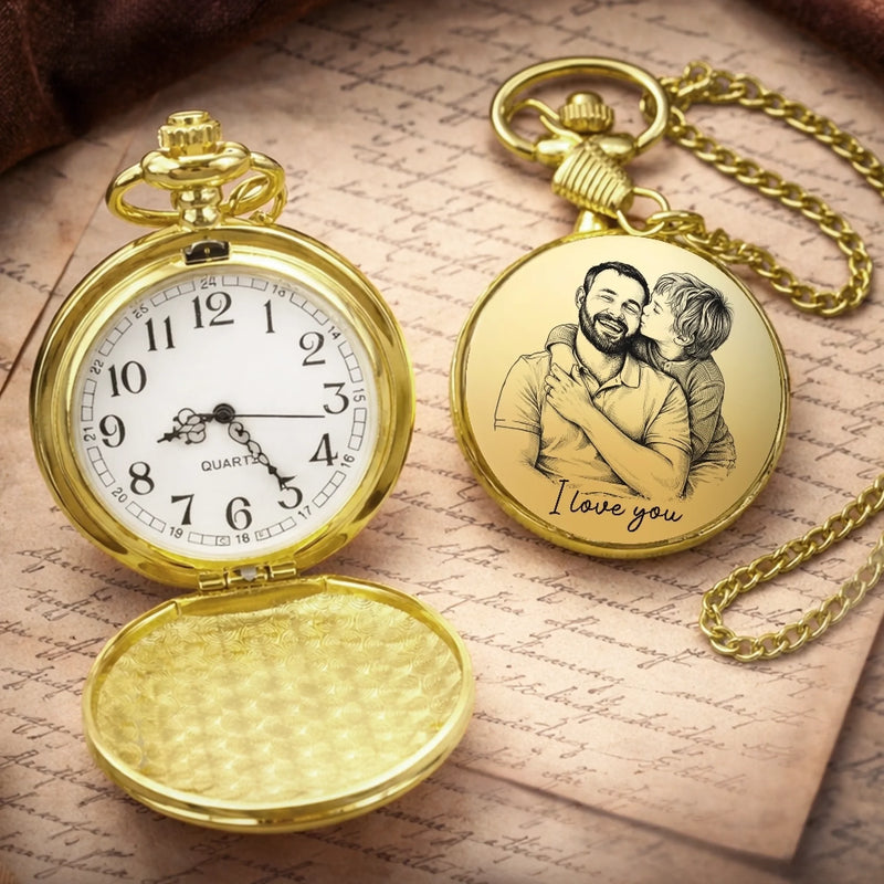 Custom Photo Pocket Watch - Personalized Father's Day Birthday Gifts For Dad, Grandpa - Dad’s Love Lights The Way