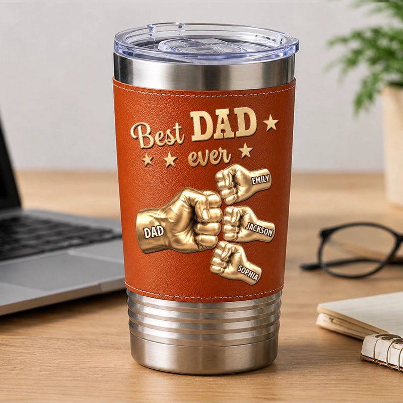 Custom Printed Leather Tumbler - Personalized Father's Day Birthday Gifts For Dad, Grandpa - Forever Thankful For Dad