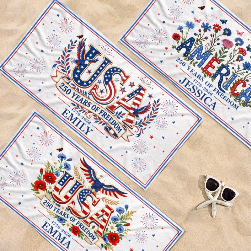 Custom Beach Towel - Personalized America 250th Anniversary, Summer Vacation And Travel Gifts For Mom, Dad, Brother, Sister, Kids - Stars, Stripes And Tan Lines