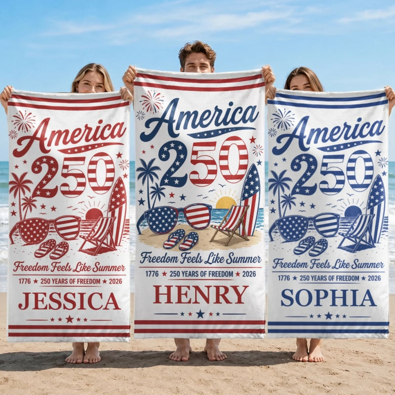 Custom Beach Towel - Personalized America 250th Anniversary, Summer Vacation And Travel Gifts For Mom, Dad, Brother, Sister, Kids - Born Free, Beach Bound