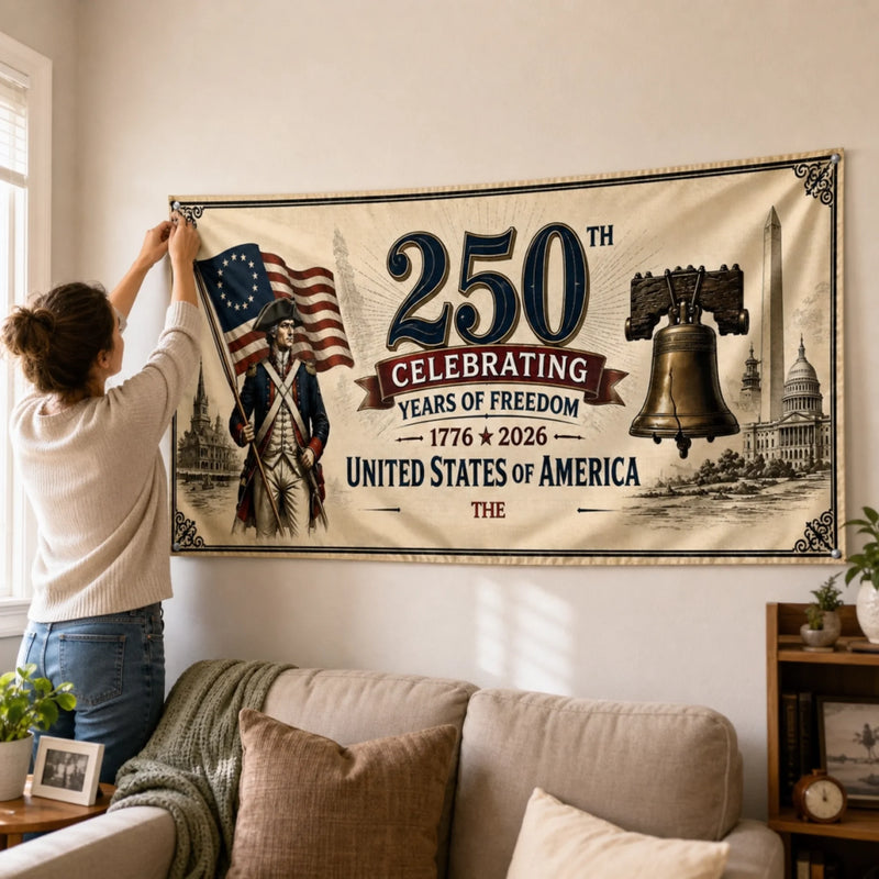 Custom Polyester Outdoor Banner - Personalized America 250th Anniversary Gifts For Mom, Dad, Brother, Sister, Kids - Proud Hearts Since The Beginning