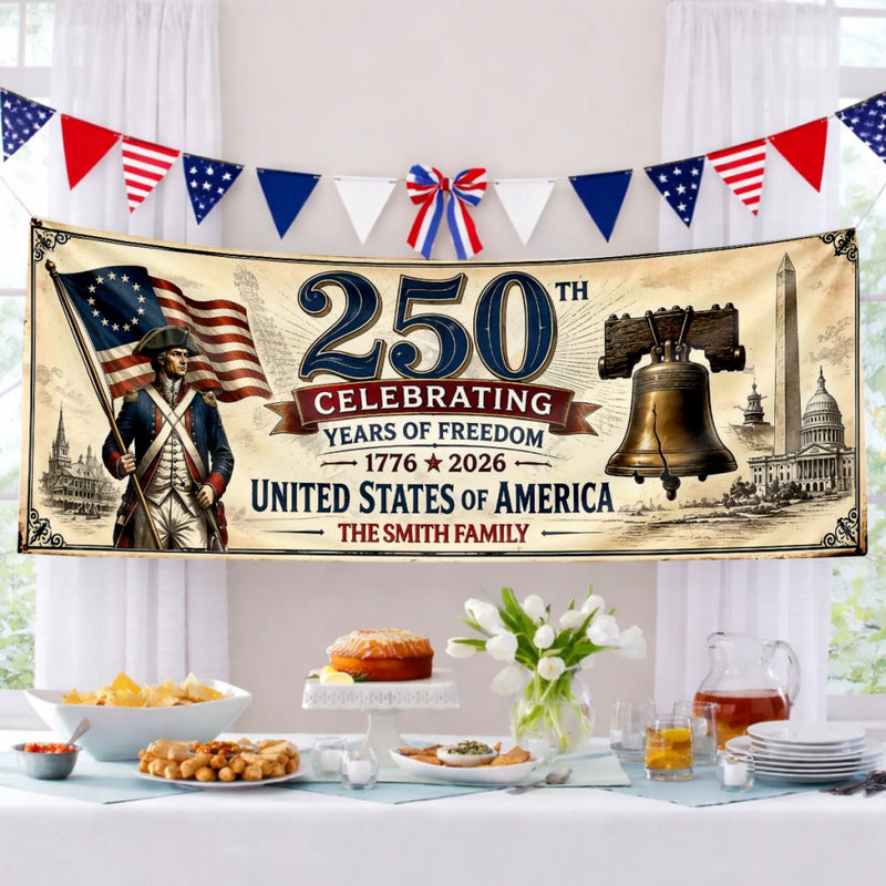 Custom Polyester Outdoor Banner - Personalized America 250th Anniversary Gifts For Mom, Dad, Brother, Sister, Kids - Proud Hearts Since The Beginning