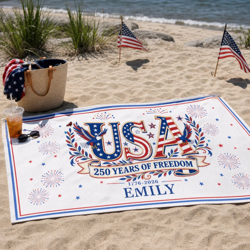 Custom Beach Towel - Personalized America 250th Anniversary, Summer Vacation And Travel Gifts For Mom, Dad, Brother, Sister, Kids - Stars, Stripes And Tan Lines