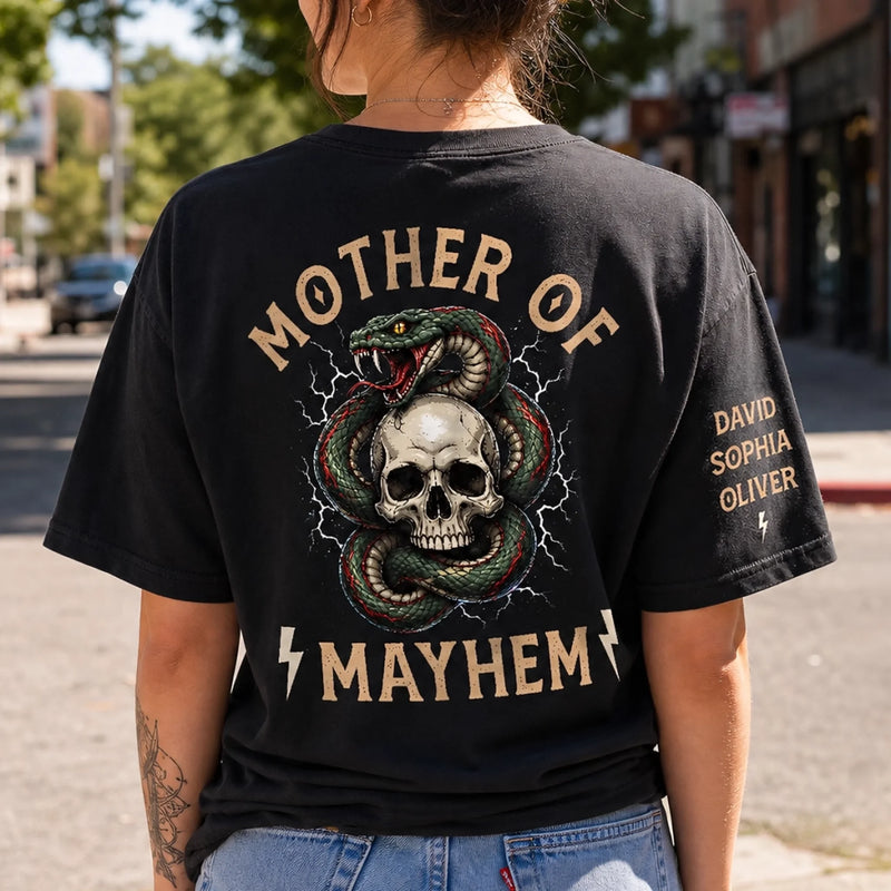 Custom Father Of Mayhem Back Printed Shirt - Personalized Mother's Day, Father's Day Gifts For Mom, Grandma, Dad, Grandpa - Raising Tiny Troublemakers