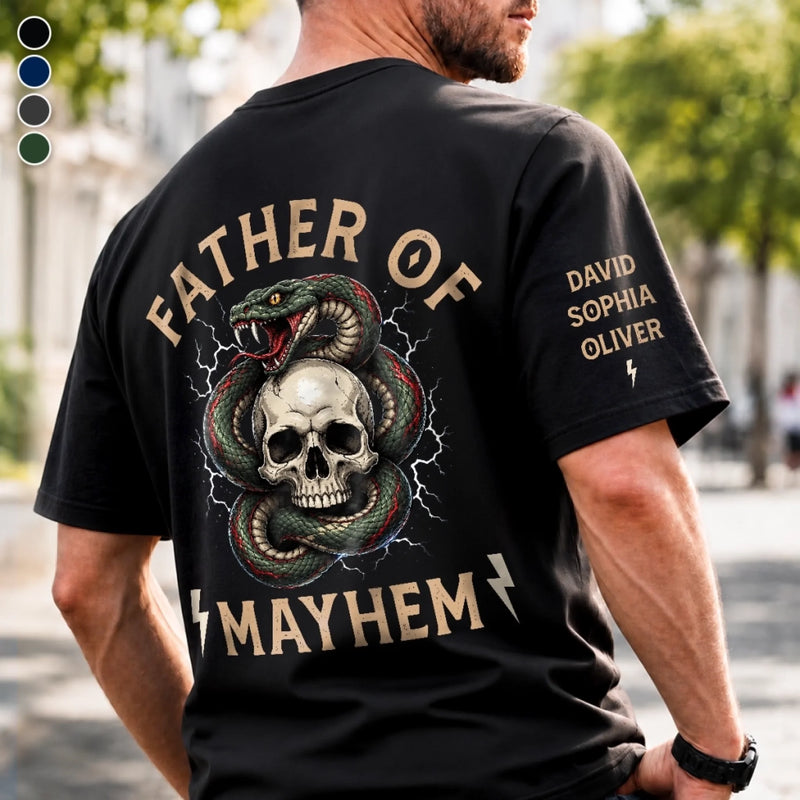 Custom Father Of Mayhem Back Printed Shirt - Personalized Mother's Day, Father's Day Gifts For Mom, Grandma, Dad, Grandpa - Raising Tiny Troublemakers
