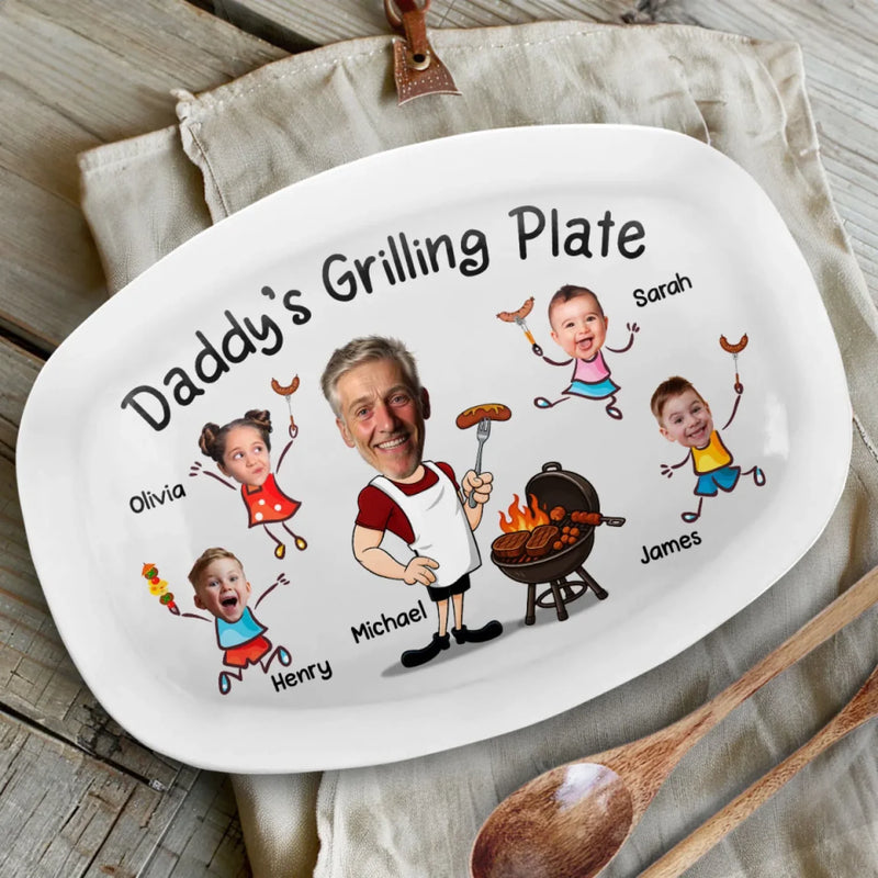 Custom Photo Serving Up Love, One BBQ At A Time - Family Personalized Custom Platter - Father's Day, Gift For Dad, Grandpa