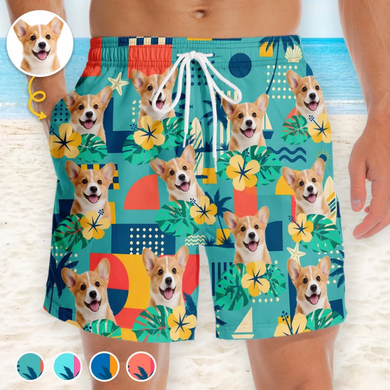 Custom Photo Tropical Hawaiian Aloha Men Beach Shorts - Personalized Summer Vacation And Travel Gifts For Dog Cat Lovers, Dog Dad And Mom, Cat Owners - Sunshine, Retro And Paws