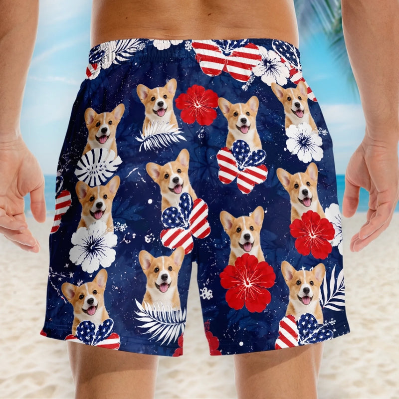 Custom Photo Tropical Hawaiian Aloha Men Beach Shorts - Personalized Summer Vacation And Travel Gifts For Dog Cat Lovers, Dog Dad And Mom, Cat Owners - Patriotic Pups All Summer Long