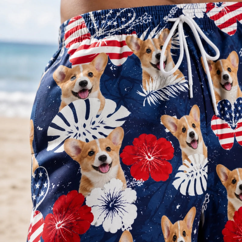 Custom Photo Tropical Hawaiian Aloha Men Beach Shorts - Personalized Summer Vacation And Travel Gifts For Dog Cat Lovers, Dog Dad And Mom, Cat Owners - Patriotic Pups All Summer Long