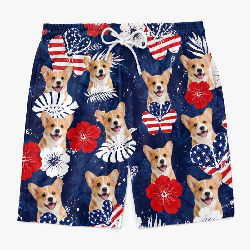 Custom Photo Tropical Hawaiian Aloha Men Beach Shorts - Personalized Summer Vacation And Travel Gifts For Dog Cat Lovers, Dog Dad And Mom, Cat Owners - Patriotic Pups All Summer Long