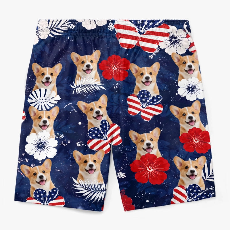 Custom Photo Tropical Hawaiian Aloha Men Beach Shorts - Personalized Summer Vacation And Travel Gifts For Dog Cat Lovers, Dog Dad And Mom, Cat Owners - Patriotic Pups All Summer Long