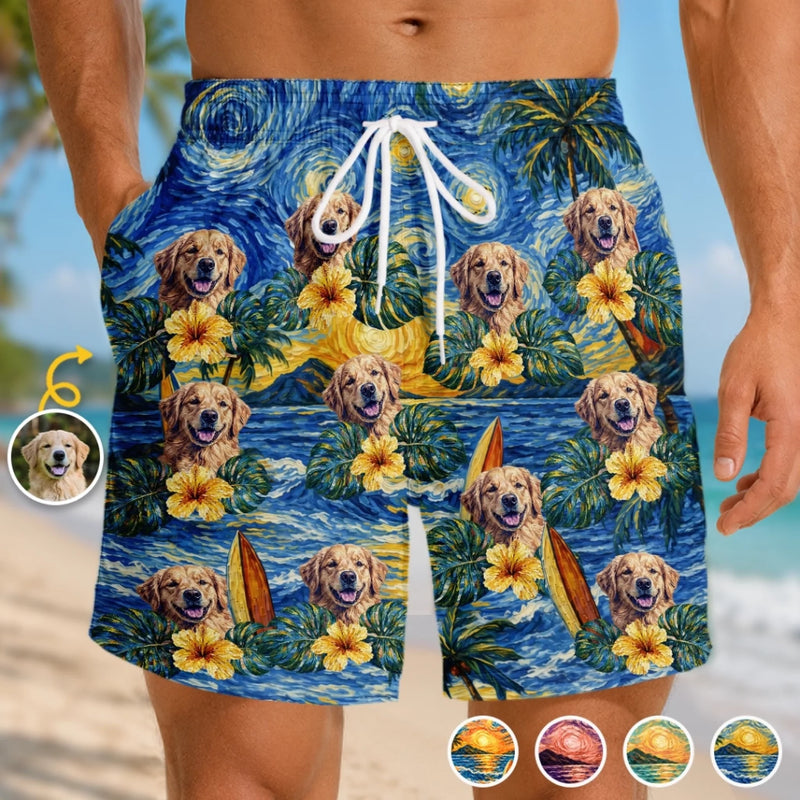 Custom Photo Tropical Hawaiian Aloha Men Beach Shorts - Personalized Summer Vacation And Travel Gifts For Dog Cat Lovers, Dog Dad And Mom, Cat Owners - Starry Nights, Puppy Days