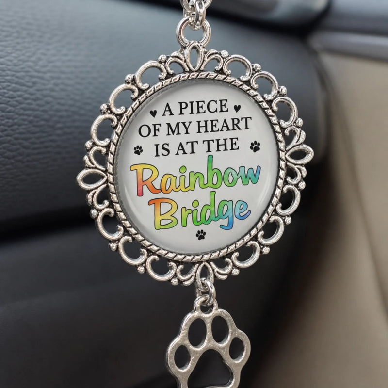 Custom Photo A Piece Of My Heart Is At The Rainbow Bridge - Memorial Personalized Custom Metal Car Hanging Ornament With Charm - Sympathy Gift For Pet Owners, Pet Lovers