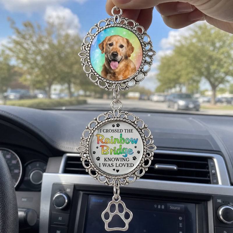 Custom Photo A Piece Of My Heart Is At The Rainbow Bridge - Memorial Personalized Custom Metal Car Hanging Ornament With Charm - Sympathy Gift For Pet Owners, Pet Lovers