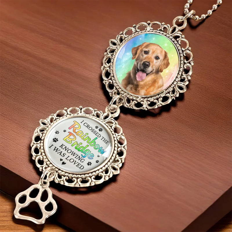 Custom Photo A Piece Of My Heart Is At The Rainbow Bridge - Memorial Personalized Custom Metal Car Hanging Ornament With Charm - Sympathy Gift For Pet Owners, Pet Lovers