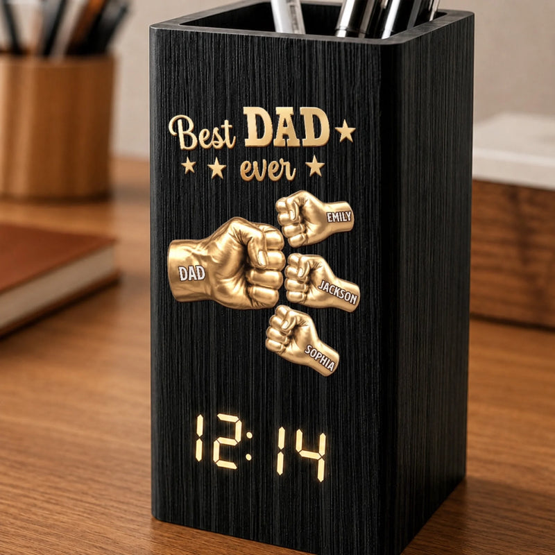 Custom Pen Holder With Clock - Personalized Father's Day Birthday Gifts For Dad, Grandpa - Dad’s Love Wins Every Time