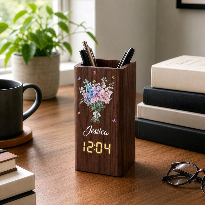 Custom Pen Holder With Clock - Personalized Best Friend Birthday Gifts For Women, Besties, Sisters, BFF - Growing Happiness Day By Day