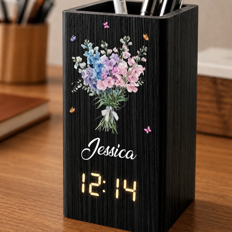 Custom Pen Holder With Clock - Personalized Best Friend Birthday Gifts For Women, Besties, Sisters, BFF - Growing Happiness Day By Day