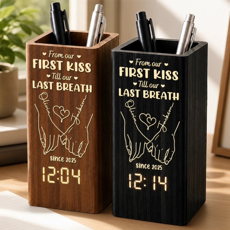 Custom Pen Holder With Clock - Personalized Anniversary Wedding Gifts For Husband And Wife, Him And Her - A Pinky Promise For Life