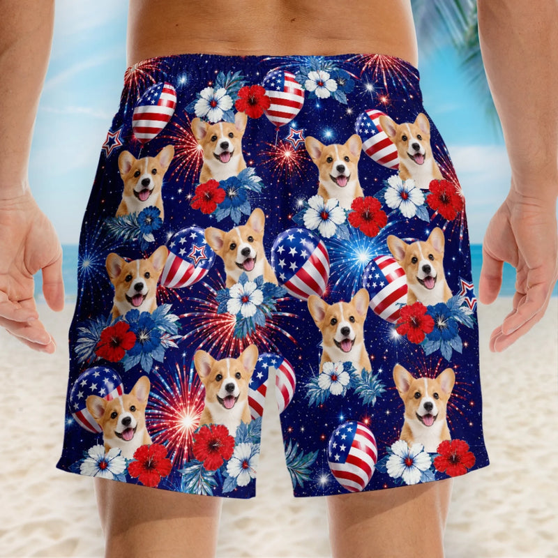Custom Photo Tropical Hawaiian Aloha Men Beach Shorts - Personalized Summer Vacation And Travel Gifts For Dog Cat Lovers, Dog Dad And Mom, Cat Owners - Sunny Paws And Freedom