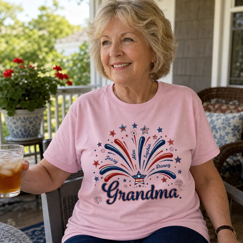 Custom T-shirt, Premium T-shirt, Hoodie - Personalized 4th Of July Gifts For Mom, Grandma - Family Lights Up Her World