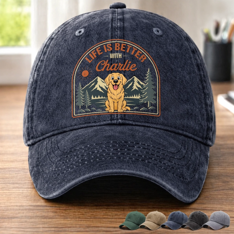 Custom Vintage Washed Denim Baseball Cap - Personalized Father's Day Gifts For Dog Lovers, Dog Dad And Mom - Paw Prints & Mountain Trips