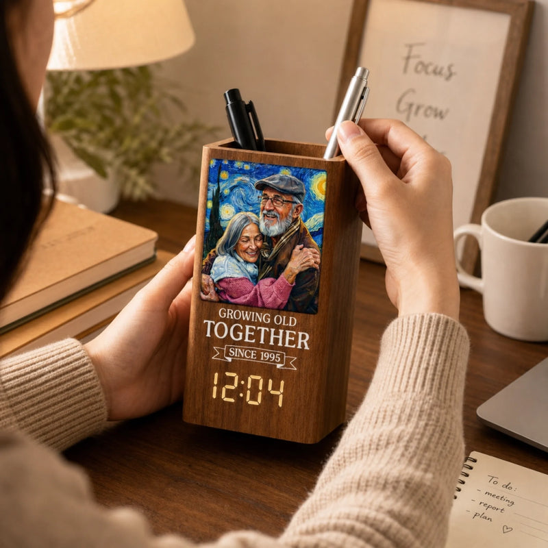 Custom Photo Pen Holder With Clock - Personalized Anniversary Wedding Gifts For Husband And Wife, Him And Her - Loving You Through Every Second