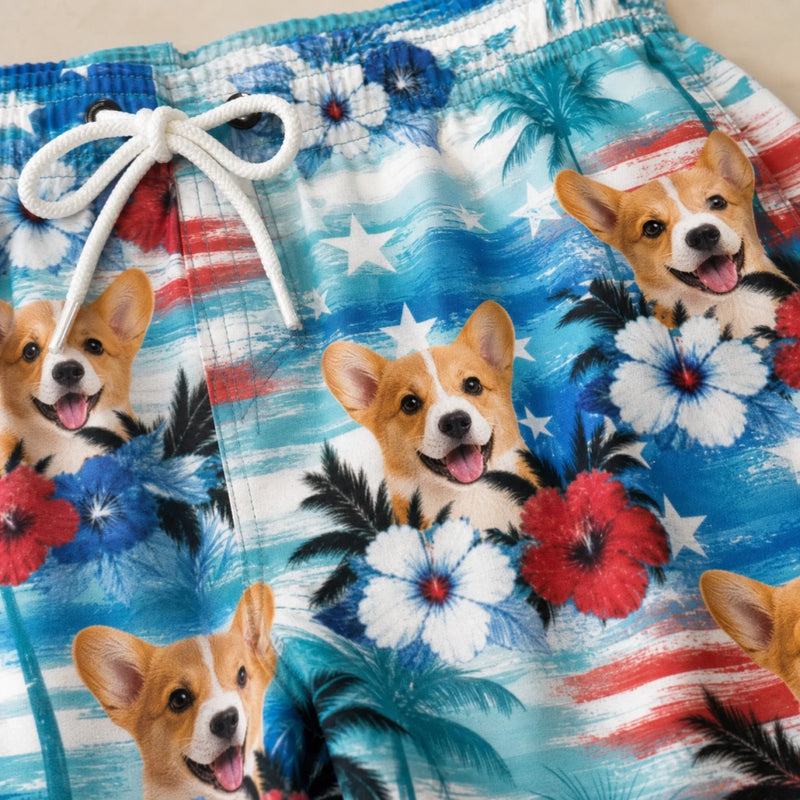 Custom Photo Tropical Hawaiian Aloha Men Beach Shorts - Personalized Summer Vacation And Travel Gifts For Dog Cat Lovers, Dog Dad And Mom, Cat Owners - Patriotic Paws Vibes