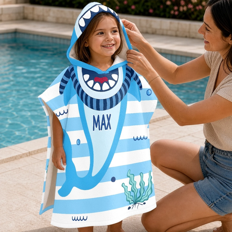 Custom Poncho Beach Towel - Personalized Summer Vacation And Travel Gifts For Women, Men, Kids - Beware Of Cute Shark Bites