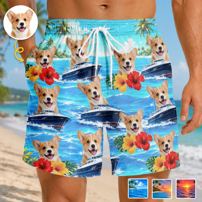 Custom Photo Tropical Hawaiian Aloha Men Beach Shorts - Personalized Summer Vacation And Travel Gifts For Dog Cat Lovers, Dog Dad And Mom, Cat Owners - Summer Paws Summer Smiles