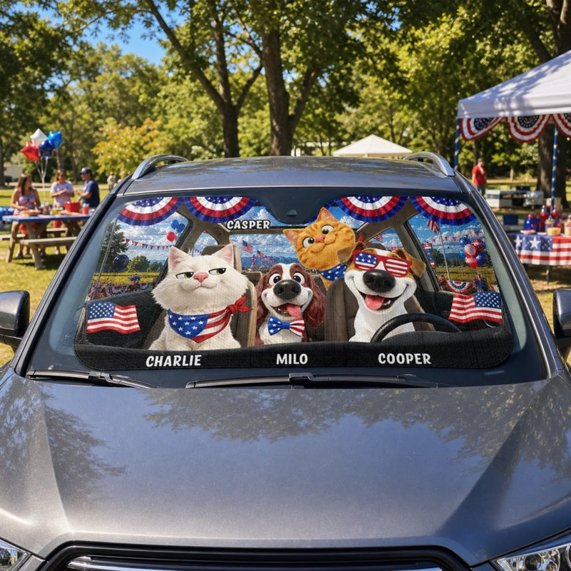 Custom Auto Windshield Sunshade, Car Window Protector - Personalized 4th Of July Gifts For Dog Cat Lovers, Dog Dad And Mom, Cat Owners - Stars, Stripes & Paw Prints